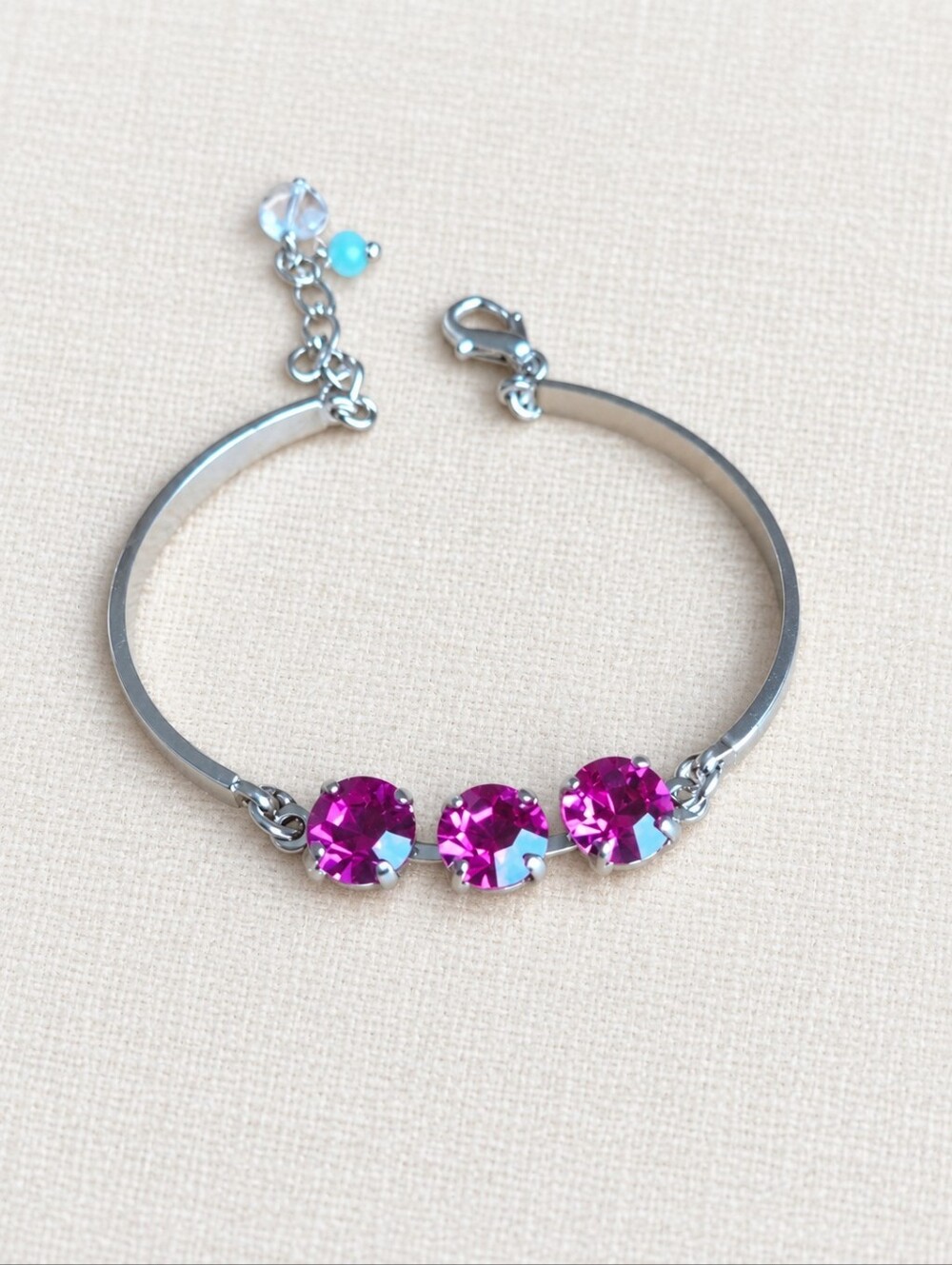 Silver Bar Bracelet with Three Fuchsia Crystals | Hand Crafted